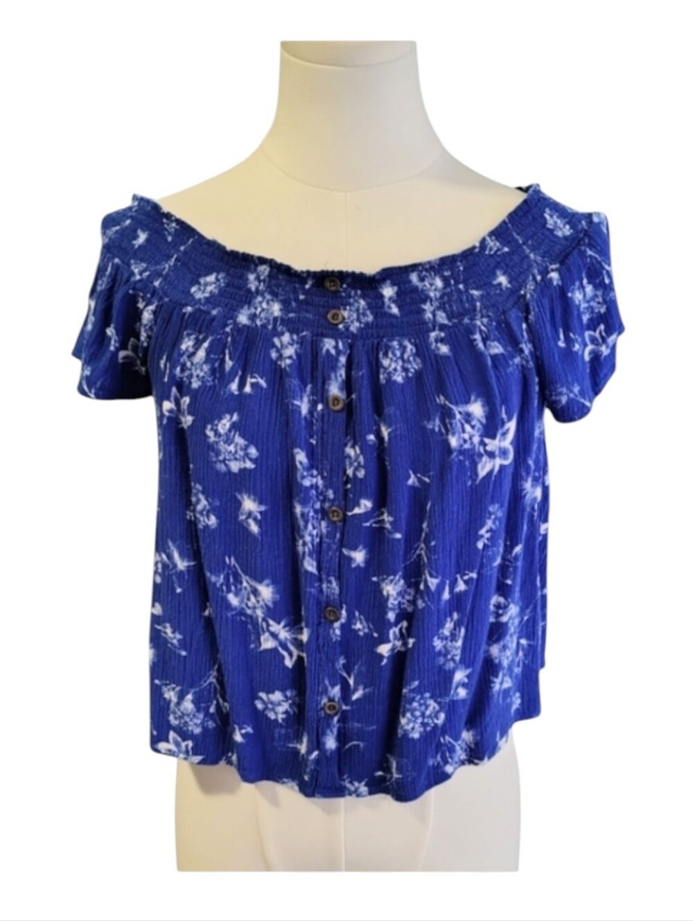 Twine and String Cobalt Blue Crepe White Floral Cropped Blouse Size XL